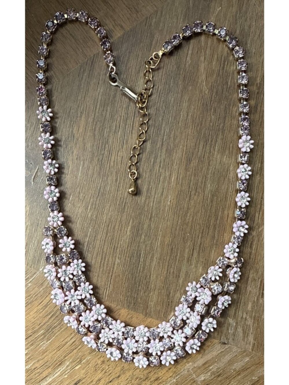 Vintage Signed Leru Choker Necklace Rhinestone Purple Pink Thermoplastic Floral